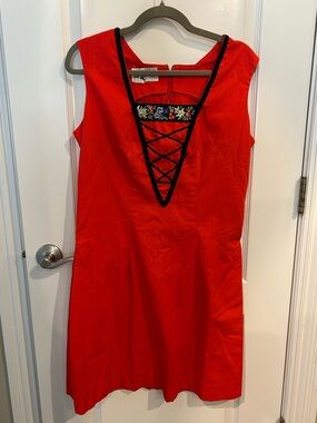 Vintage Billy Whiskers Red Sleeveless Mini Dress with Lace-Up & Floral Accents